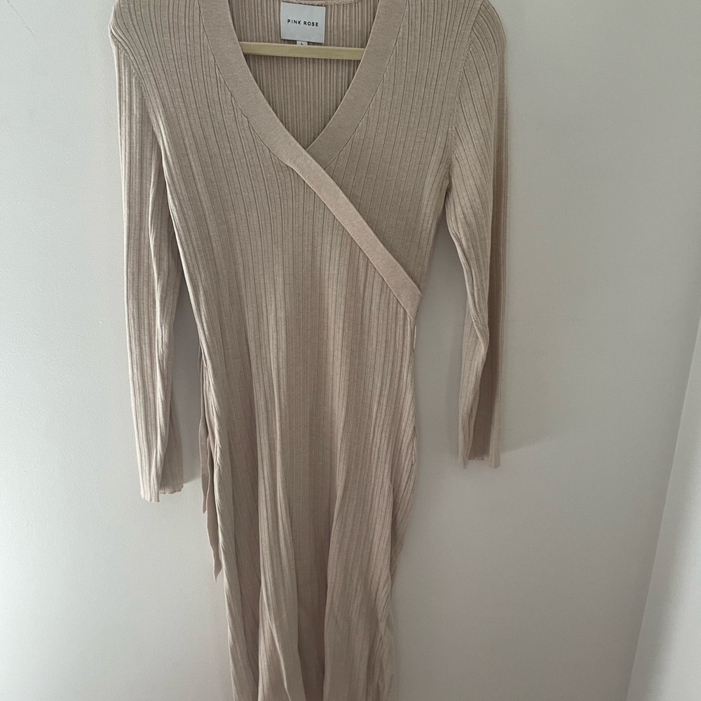 Pink Rose Beige Ribbed Long Sleeve Dress